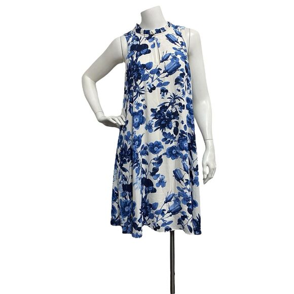 Adrienne Vittadini Size 8 Trapeze A-Line Dress Blue Floral Lined Knee Length - Picture 2 of 7
